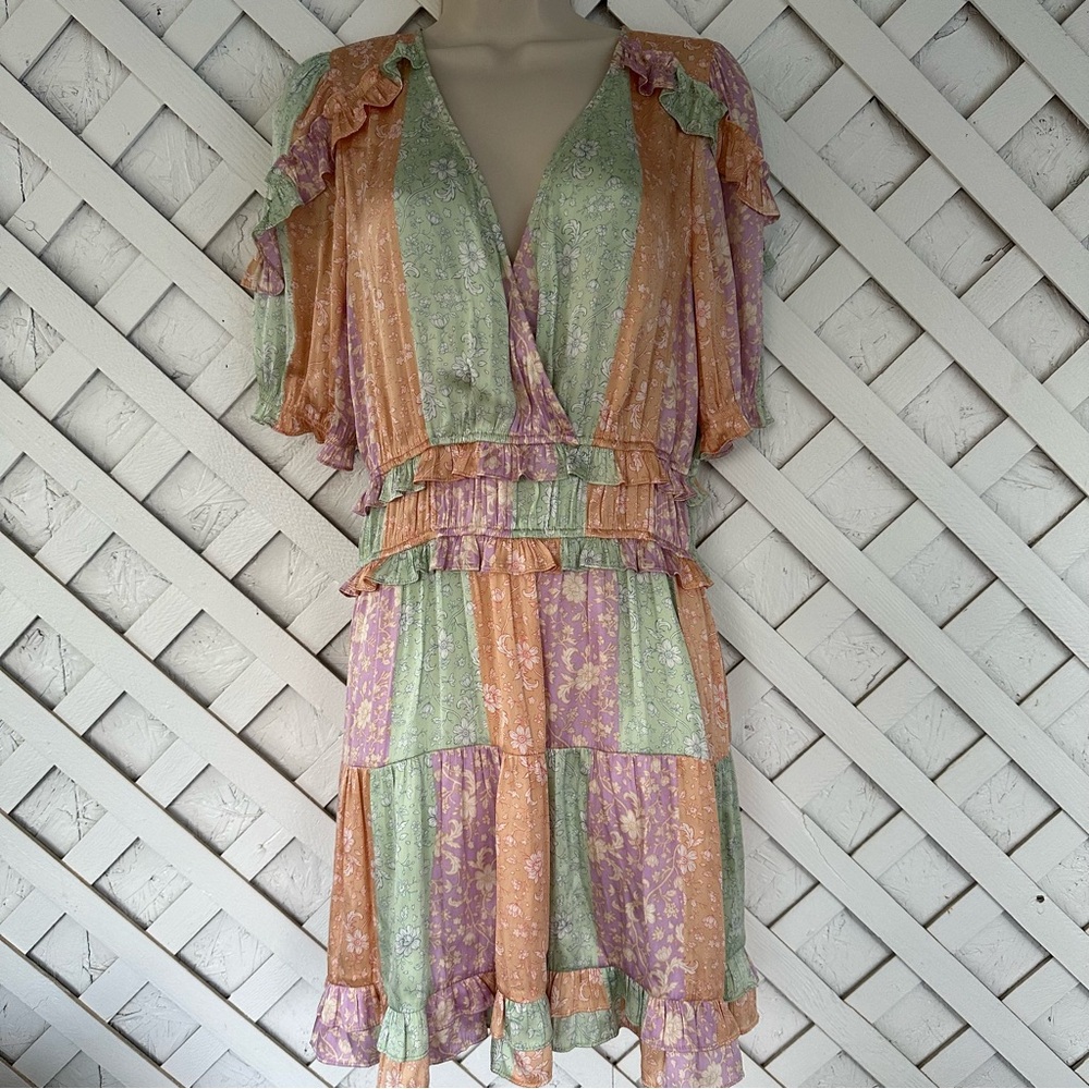 Anthropologie Current Air Pink Pastel Colors Floral Short Tiered Ruffle Dress M
